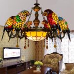 Parrot Tiffany Pendant Light Chandeliers, 8-Light Vintage Stained Glass Hangings Lamp for Living Room
