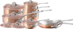 Mauviel M'Heritage 150 S 1.5mm Polished Copper & Stainless Steel 14-Piece Cookware Set With Cast Stainless Steel Handles And Curved Lid, Made In France