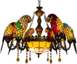 Parrot Tiffany Pendant Light Chandeliers, 8-Light Vintage Stained Glass Hangings Lamp for Living Room - Image 4