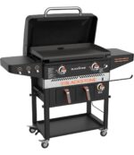Blackstone 1962 Air Fryer Combo & Two Burners Stainless Steel Gas Hood, Wheels, Two Side Shelf – Heavy Duty Outdoor Griddle Station for Backyard, Patio, 28 inch Black