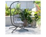 Flash Furniture Cleo Indoor/Outdoor Patio Hanging Egg Chair - Gray Frame with Gray Seat Cushions - Black Powder Coated C-Style Stand - Hanging Hardware Included - Image 4