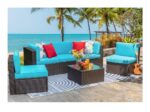 Vongrasig 6 Piece Small Patio Furniture Sets, Outdoor Sectional Sofa All Weather PE Wicker Patio Sofa Couch Garden Backyard Conversation Set with Glass Table,Blue Cushions and Red Pillows (Blue)