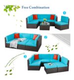 Vongrasig 6 Piece Small Patio Furniture Sets, Outdoor Sectional Sofa All Weather PE Wicker Patio Sofa Couch Garden Backyard Conversation Set with Glass Table,Blue Cushions and Red Pillows (Blue) - Image 2