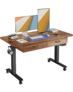 Cubiker Standing Desk with 2 Wooden Drawers, 48x24 Inches Adjustable Height Electric Stand up Desk, Ergonomic Workstation Black Frame/Fir Brown Top